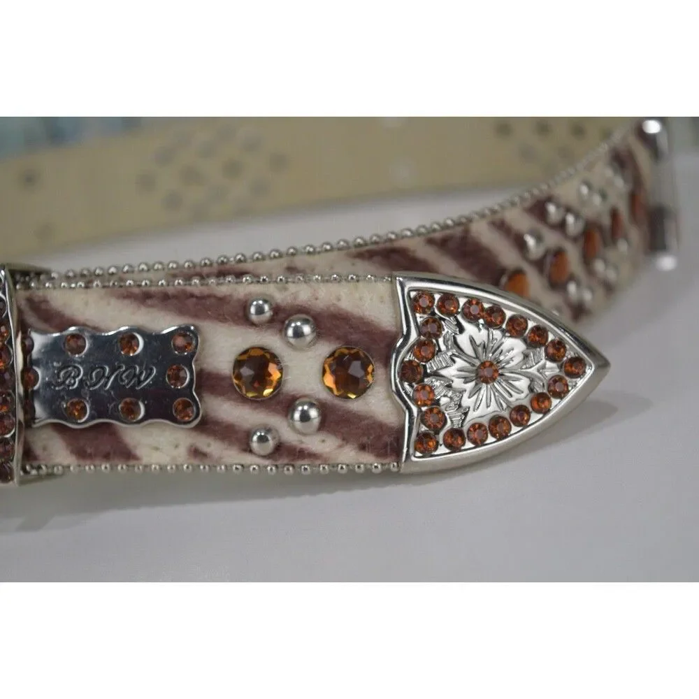 BHW Rhinestone Western Belt Brown Cow Hair Size M 32 Conch Jewel Gemstone Buckle